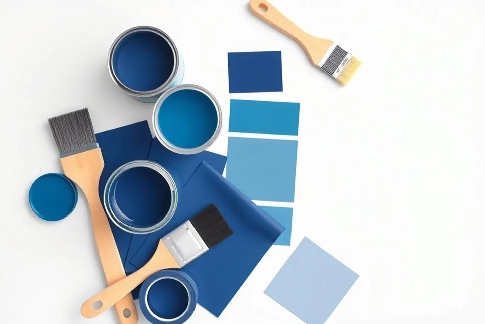 Pots de peinture, nuancier, brosses et rouleaux disposés à plat
