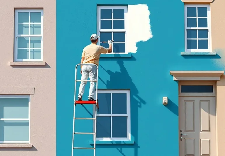 Peintre sur échafaudage traitant la façade d'une maison