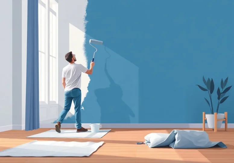 Peintre appliquant la peinture au rouleau sur un mur de salon